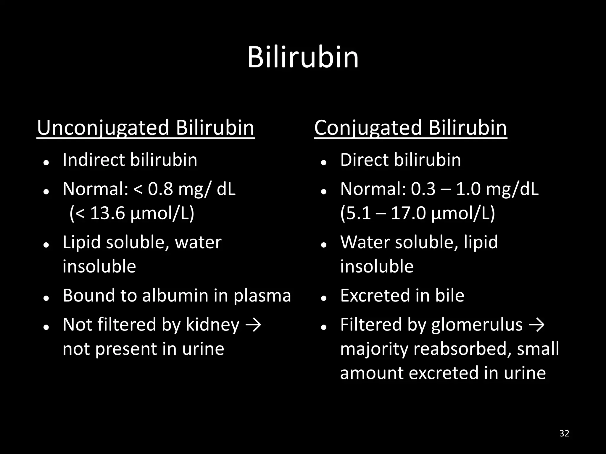 Bilirubin
Unconjugated Bilirubin








Indirect bilirubin
Normal: < 0.8 mg/ dL
(< 13.6 µmol/L)
Lipid soluble, water
insoluble
Bound to albumin in plasma
Not filtered by kidney →
not present in urine

Conjugated Bilirubin








Direct bilirubin
Normal: 0.3 – 1.0 mg/dL
(5.1 – 17.0 µmol/L)
Water soluble, lipid
insoluble
Excreted in bile
Filtered by glomerulus →
majority reabsorbed, small
amount excreted in urine
32

 