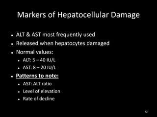 Markers of Hepatocellular Damage




ALT & AST most frequently used
Released when hepatocytes damaged
Normal values:





ALT: 5 – 40 IU/L
AST: 8 – 20 IU/L

Patterns to note:




AST: ALT ratio
Level of elevation
Rate of decline
12

 