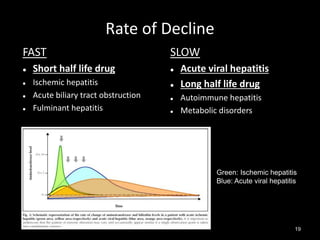 Rate of Decline
FAST





Short half life drug
Ischemic hepatitis
Acute biliary tract obstruction
Fulminant hepatitis

SLOW





Acute viral hepatitis
Long half life drug
Autoimmune hepatitis
Metabolic disorders

Green: Ischemic hepatitis
Blue: Acute viral hepatitis

19

 