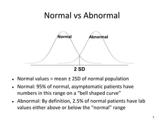 Normal vs Abnormal
Normal

Abnormal

2 SD





Normal values = mean ± 2SD of normal population
Normal: 95% of normal, asymptomatic patients have
numbers in this range on a “bell shaped curve”
Abnormal: By definition, 2.5% of normal patients have lab
values either above or below the “normal” range
7

 