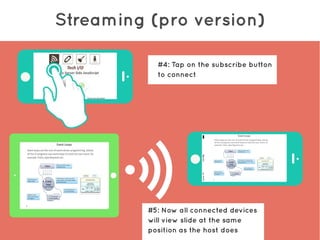 Streaming (pro version)
#4: Tap on the subscribe button
to connect
#5: Now all connected devices
will view slide at the same
position as the host does
 