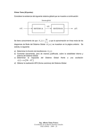 Primer Tema (2 puntos):
             20

Considere la existencia del siguiente sistema global que se muestra a continuación:




                                    10
Se tiene conocimiento de que H A  s   y que la aproximación en línea recta de los
                                                                  lín ea
                                   1 s
diagramas de Bode del Sistema Global H  j  se muestran en la página anterior. Se
solicita, lo siguiente:

a) Determinar la función de transferencia H B  s 
               l
b) Comentar brevemente, pero de manera justific ada, sobre la estabilidad interna y
                                               justificada,
   externa del Sistema Global.
c) Determinar la respuesta del Sistema Global frente a una excitación
                 la
    x  t   cos  30t  45o 
d) Obtener la realización DFII (forma canónica) del Sistema Global.
            a




                                         Ing. Alberto Tama Franco
                                  Coordinador de la Materia Sistemas Lineales
                                          FIEC
                                          FIEC-ESPOL – 2009 – 2S
 