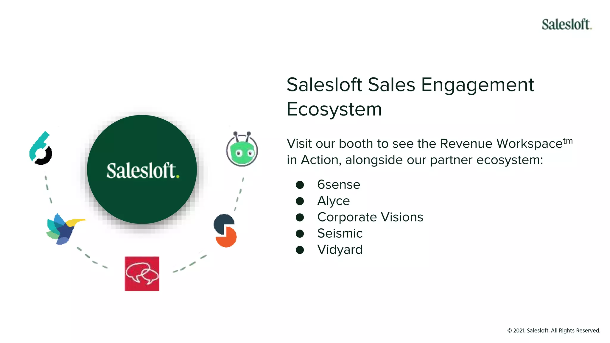 © 2021. Salesloft. All Rights Reserved.
Visit our booth to see the Revenue Workspacetm
in Action, alongside our partner ecosystem:
● 6sense
● Alyce
● Corporate Visions
● Seismic
● Vidyard
Salesloft Sales Engagement
Ecosystem
 
