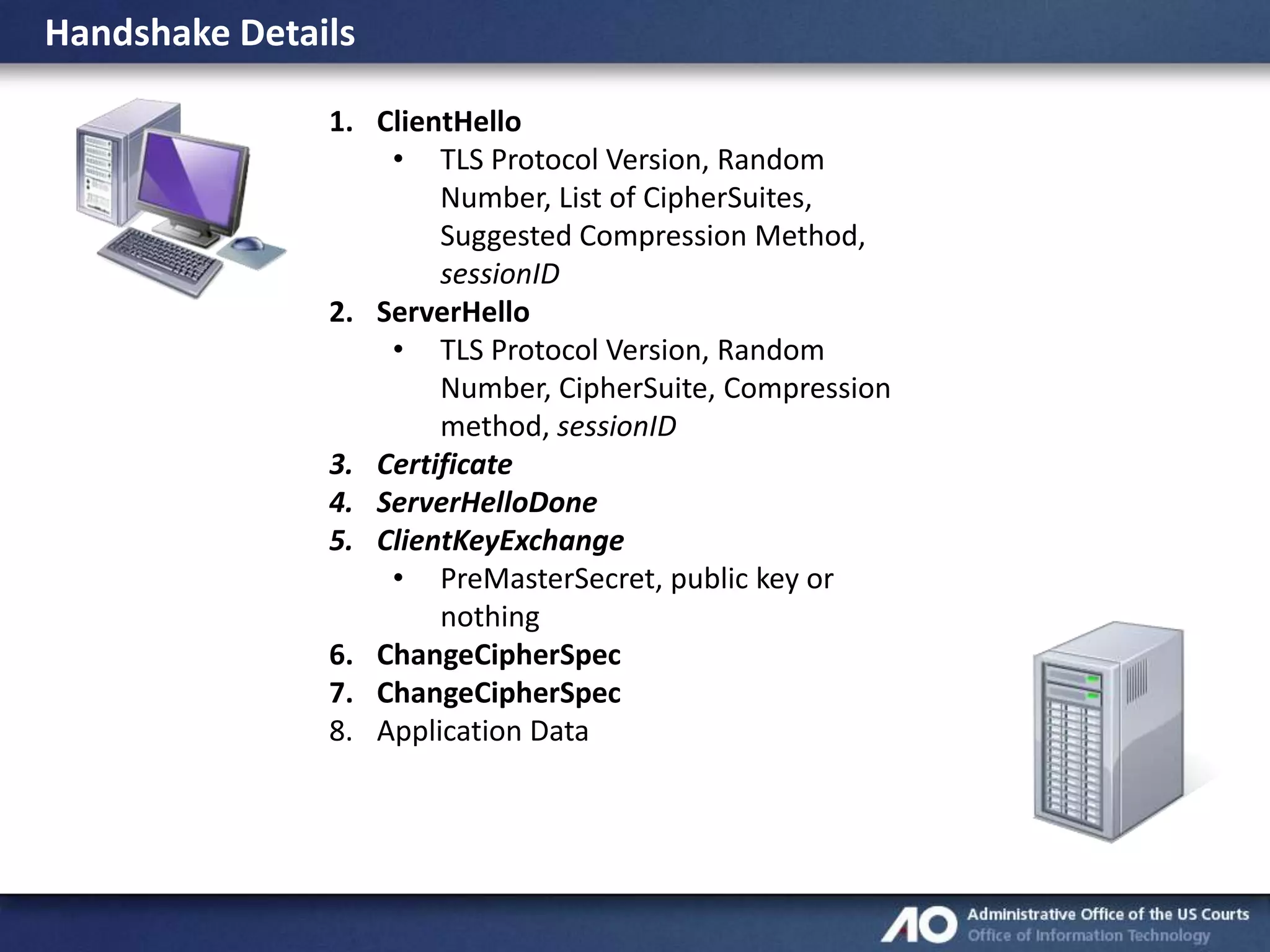 Handshake Details
1. ClientHello
• TLS Protocol Version, Random
Number, List of CipherSuites,
Suggested Compression Method,
sessionID
2. ServerHello
• TLS Protocol Version, Random
Number, CipherSuite, Compression
method, sessionID
3. Certificate
4. ServerHelloDone
5. ClientKeyExchange
• PreMasterSecret, public key or
nothing
6. ChangeCipherSpec
7. ChangeCipherSpec
8. Application Data

 