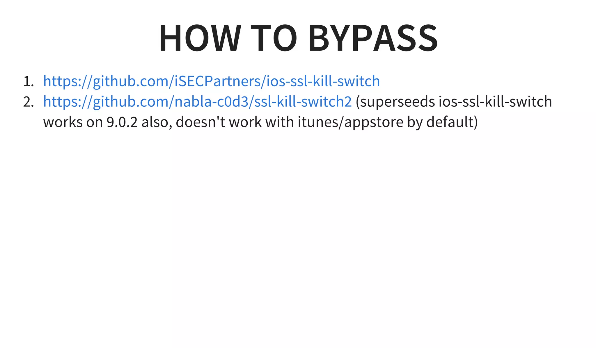 HOW TO BYPASS
1.
2. (superseeds ios-ssl-kill-switch
works on 9.0.2 also, doesn't work with itunes/appstore by default)
https://github.com/iSECPartners/ios-ssl-kill-switch
https://github.com/nabla-c0d3/ssl-kill-switch2
 