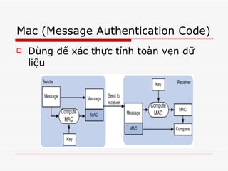 Mac (Message Authentication Code) Dùng để xác thực tính toàn vẹn dữ liệu 