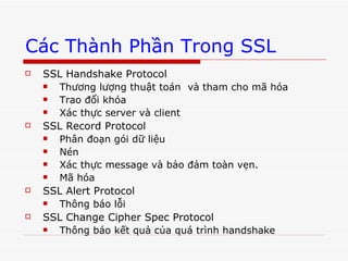 Các Thành Phần Trong SSL SSL Handshake Protocol Thương lượng thuật toán  và tham cho mã hóa Trao đổi khóa  Xác thực server và client  SSL Record Protocol Phân đoạn gói dữ liệu  Nén  Xác thực message và bảo đảm toàn vẹn. Mã hóa SSL Alert Protocol Thông báo lỗi  SSL Change Cipher Spec Protocol Thông báo kết quả của quá trình handshake 