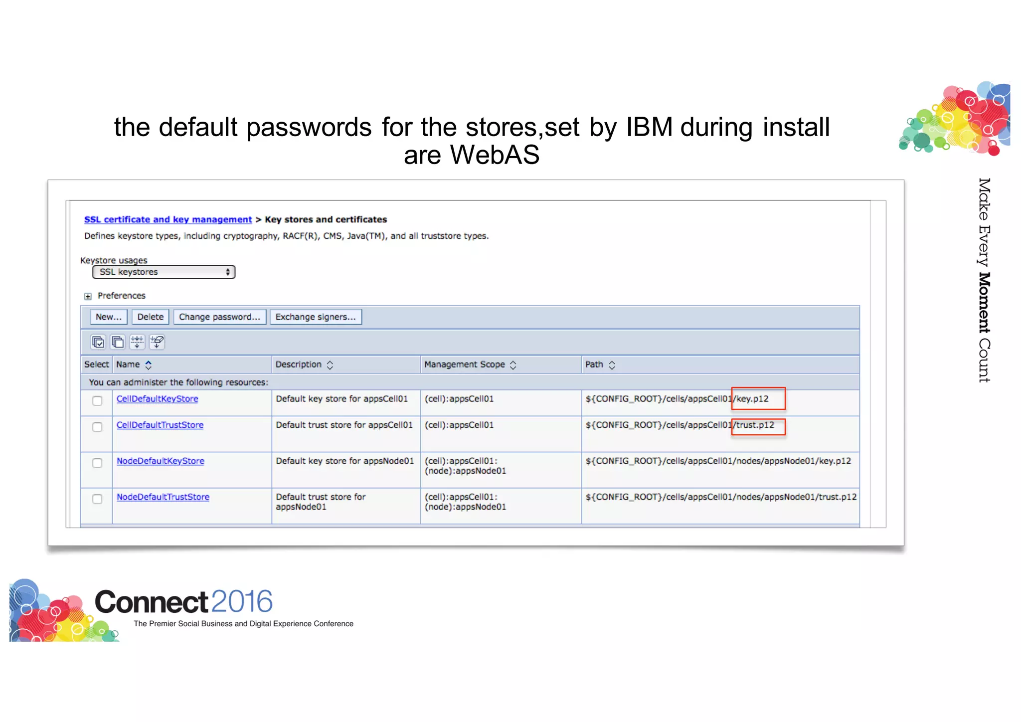 the default passwords for the stores,set by IBM during install
are WebAS
 