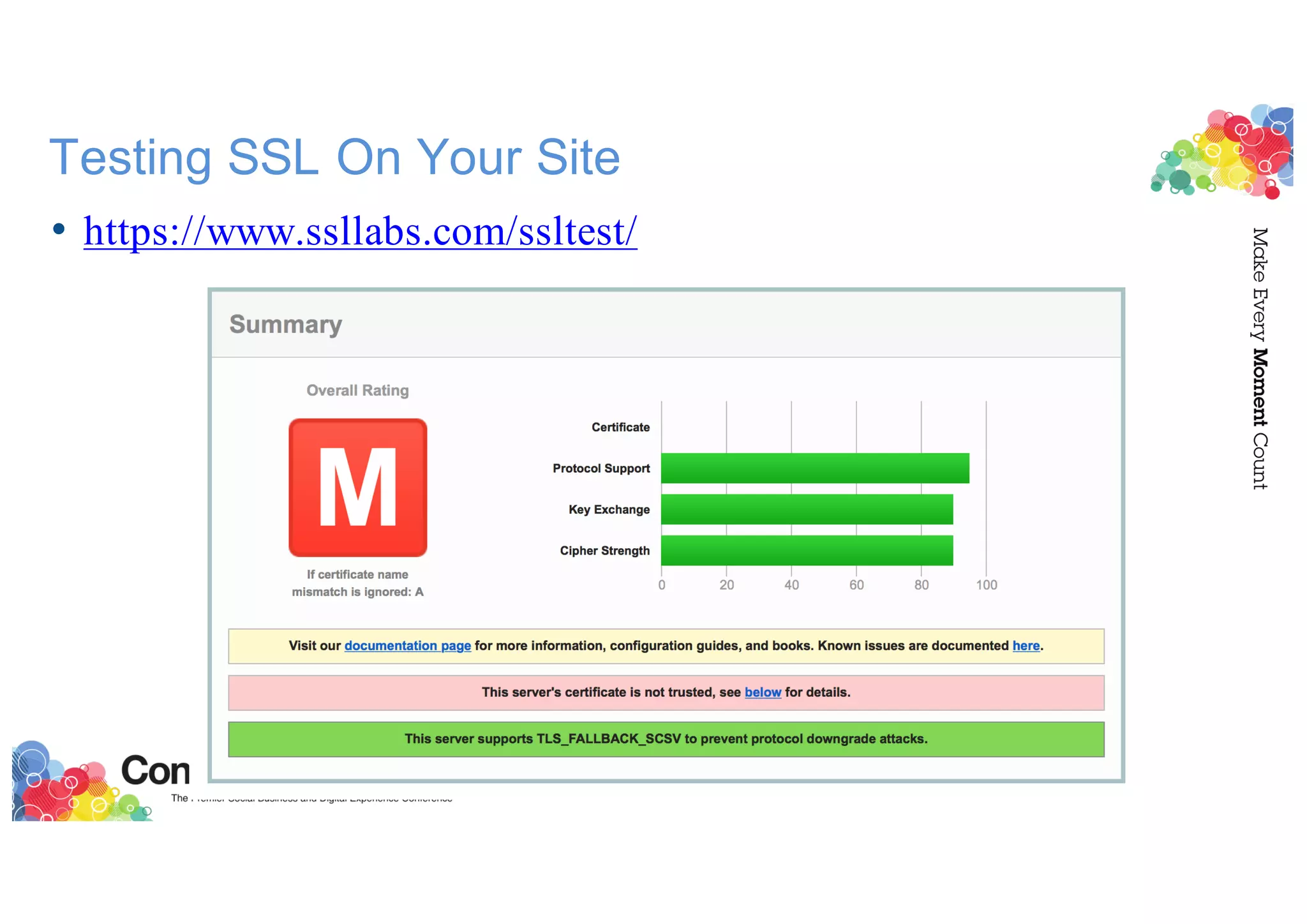 Testing SSL On Your Site
• https://www.ssllabs.com/ssltest/
 