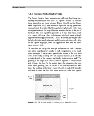 Message Formats                                                                          93



                  4.6.1 Message Authentication Code

                  The Secure Sockets Layer supports two different algorithms for a
                  message authentication code (mac). As figures 4-30 and 4-31 indicate,
                  those algorithms are rsa’s Message Digest 5 (md5) and the Secure
                  Hash Algorithm (sha). The particular algorithm for any given com-
                  munications is determined by the negotiated cipher suite. Other than
                  the algorithm itself, the only difference between the two is the size of
                  the hash. The md5 algorithm generates a 16-byte hash value, while
                  sha creates a 20-byte value. In both cases, the hash result is simply
                  appended to the application data. The ssl Record Layer length value
                  includes both the application data and the authentication code. Also,
                  as the figures highlight, both the application data and the check
                  value are encrypted.
                  To calculate (or verify) the message authentication code, a system
                  uses a two-stage hash very similar to hash computations in the hand-
                  shake messages. It starts with a special value known as the mac write
                  secret, followed by padding, a 64-bit sequence number, a 16-bit value
                  with the length of the content, and, finally, by the content itself. The
                  padding is the single-byte value 001100110, repeated 48 times for md5
                  and 40 times for sha. For the second stage, the system uses the mac
                  write secret, padding, and the output of the intermediate hash. This
                  time, the padding is the binary value 01011100, repeated 48 times for
                  md5 and 40 times for sha. This result is the mac value that appears

                            Prot: 23    Vers: 3     0      Length...
                  Record
                   Layer
                            ...Length




                                        Application Data

                                                                             Encrypted




                                             MD5
                                                                       MD5
                                  Message Authentication Code
                                                                       MAC
                                           (16 bytes)


                  Figure 4-30 The MD5 MAC protects the integrity of application data.
 