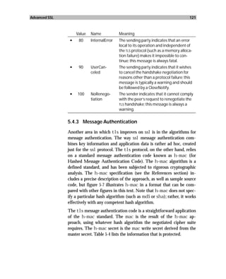 Advanced SSL                                                                         121



                    Value   Name            Meaning
                •    80     InternalError   The sending party indicates that an error
                                            local to its operation and independent of
                                            the TLS protocol (such as a memory alloca-
                                            tion failure) makes it impossible to con-
                                            tinue; this message is always fatal.
                •    90     UserCan-        The sending party indicates that it wishes
                            celed           to cancel the handshake negotiation for
                                            reasons other than a protocol failure; this
                                            message is typically a warning and should
                                            be followed by a CloseNotify.
                •   100     NoRenego-       The sender indicates that it cannot comply
                            tiation         with the peer’s request to renegotiate the
                                            TLS handshake; this message is always a
                                            warning.


               5.4.3 Message Authentication

               Another area in which tls improves on ssl is in the algorithms for
               message authentication. The way ssl message authentication com-
               bines key information and application data is rather ad hoc, created
               just for the ssl protocol. The tls protocol, on the other hand, relies
               on a standard message authentication code known as h-mac (for
               Hashed Message Authentication Code). The h-mac algorithm is a
               defined standard, and has been subjected to rigorous cryptographic
               analysis. The h-mac specification (see the References section) in-
               cludes a precise description of the approach, as well as sample source
               code, but figure 5-7 illustrates h-mac in a format that can be com-
               pared with other figures in this text. Note that h-mac does not spec-
               ify a particular hash algorithm (such as md5 or sha); rather, it works
               effectively with any competent hash algorithm.
               The tls message authentication code is a straightforward application
               of the h-mac standard. The mac is the result of the h-mac ap-
               proach, using whatever hash algorithm the negotiated cipher suite
               requires. The h-mac secret is the mac write secret derived from the
               master secret. Table 5-4 lists the information that is protected.
 