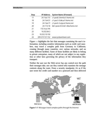 Introduction                                                                           3



                Step           IP Address       System Name (if known)
                 17            24.7.66.173      c1-pos8-3.lnmtco1.home.net
                 18                24.7.64.57   c1-pos1-0.slkcut1.home.net
                 19                24.7.66.77   c1-pos5-3.snjsca1.home.net
                 20                24.7.72.18   bb1-pos6-0-0.rdc1.sfba.home.net
                 21           172.16.6.194
                 22            10.252.84.3
                 23          10.252.10.150
                 24       209.219.157.152       www.sj-downtown.com

               Figure 1-1 highlights the fact that messages containing the user’s in-
               formation, including sensitive information such as credit card num-
               bers, may travel a complex path from Germany to California,
               crossing through many countries, over various networks, and on
               many different facilities. Some of those facilities are likely to belong
               to private enterprises, many of which are not subject to any regula-
               tion or other laws governing the privacy of the information they
               transport.
               Neither the user nor the Web server has any control over the path
               their messages take, nor can they control who examines the message
               contents along the route. From a security standpoint, it’s as if the
               user wrote her credit card number on a postcard and then delivered




                      Web Server                                         Web Browser

               Figure 1-1 Messages travel complex paths through the Internet.
 