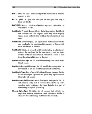180                                                      SSL & TLS Essentials: Securing the Web



BIT STRING. An asn.1 primitive object that represents an arbitrary
       number of bits.
Block Cipher. A cipher that encrypts and decrypts data only in
       fixed-size blocks.
BOOLEAN. An asn.1 primitive object that represents a value that can
     only be true or false.
Certificate. A public key certificate, digital information that identi-
        fies a subject and that subject’s public key and is digitally
        signed by an authority that certifies the information it con-
        tains.
Certificate Authority (CA). An organization that issues certificates
        and vouches for the identities of the subjects of those certifi-
        cates; also known as an issuer.
Certificate Chain. A series of certificates including a subject’s cer-
        tificate, the certificate for the root authority, and any inter-
        mediate certificate authorities; it establishes a chain of trust
        from the subject all the way to the root.
Certificate Message. An ssl handshake message that carries a cer-
        tificate chain.
CertificateRequest Message. An ssl handshake message that the
        server sends to ask the client to authenticate its identity.
Certificate Type. Part of an ssl CertificateRequest message that in-
        dicates the digital signature and public key algorithms that
        the sender will accept.
CertificateVerify Message. An ssl handshake message that the cli-
        ent sends to verify that it possesses the private key corre-
        sponding to its certificate; the client digitally signs part of
        the message using that private key.
ChangeCipherSpec Message. An ssl message that activates the
      negotiated security parameters; those parameters will be in
      effect for the next message that the sender transmits.
 