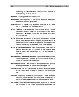 182                                                     SSL & TLS Essentials: Securing the Web



        Technology as a United States standard; des is a block ci-
        pher operating on 56-bit blocks.
Decipher. To decrypt encrypted information.
Decryption. The complement of encryption, recovering the original
      information from encrypted data.
Diffie-Hellman. A key exchange algorithm developed by W. Diffie
        and M.E. Hellman; first published in 1976.
Digest Function. A cryptographic function that creates a digital
       summary of information so that, if the information is altered,
       the summary (known as a hash) will also change; also known
       as a hash function.
Digital Signature. The result of encrypting information with the
        private key of a public/private key pair; the public key can be
        used to successfully decrypt the signature, proving that only
        someone possessing the private key could have created it.
Digital Signature Algorithm (DSA). An asymmetric encryption al-
        gorithm published as a u.s. standard by the National Insti-
        tutes of Science and Technology; dsa can only be used to
        sign data.
Distinguished Encoding Rules (DER). A process for unambiguously
       converting an object specified in asn.1 into binary values for
       storage or transmission on a network.
Distinguished Name. The identity of a subject or issuer specified
       according to a hierarchy of objects defined by the itu.
Eavesdropping. An attack against the security of a communication
      in which the attacker attempts to “overhear” the communica-
      tion.
Encipher. To encrypt information by applying a cipher algorithm;
      the result is unintelligible, and the original information can
      only be recovered by someone who can decipher the result.
Encryption. The process of applying a cipher algorithm to informa-
       tion, resulting in data that is unintelligible to anyone who
 
