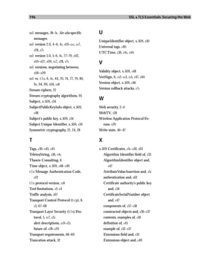 196                                                                    SSL & TLS Essentials: Securing the Web



ssl messages, 38–51. See also specific        U
    messages
                                              UniqueIdentifier object, x.509, 150
ssl version 2.0, 4–6, 41, 105–111, 117,
                                              Universal tags, 140
    128, 171
                                              UTCTime, 136, 141, 144
ssl version 3.0, 5–6, 41, 77–79, 102,
    105–107, 109, 117, 128, 171
                                              V
ssl versions, negotiating between,
    106–109
                                              Validity object, x.509, 148

ssl vs. tls, 6, 41, 44, 70, 74, 77, 79, 89,   VeriSign, 6, 112–113, 115, 147, 164

    91, 94, 99, 104, 118                      Version object, x.509, 146

Stream ciphers, 22                            Version rollback attacks, 171
Stream cryptography algorithms, 95
Subject, x.509, 134
                                              W
SubjectPublicKeyInfo object, x.509,           Web security, 2–4
    148                                       WebTV, 128
Subject’s public key, x.509, 134              Wireless Application Protocol Fo-
Subject Unique Identifier, x.509, 134             rum, 129
Symmetric cryptography, 22, 24, 28            Write state, 46–47

T                                             X
Tags, 139–143, 145                            x.509 Certificates, 131–159, 163
TeletexString, 136, 141                           Algorithm Identifier field of, 133
Thawte Consulting, 6                              AlgorithmIdentifier object and,
Time object, x.509, 148–149                          147

tls Message Authentication Code,                  AttributeValueAssertion and, 151
    122                                           authentication and, 162
tls protocol version, 118                         Certificate authority’s public key
Tool limitations, 13–14                              and, 134
Traffic analysis, 167                             CertificateSerialNumber object
Transport Control Protocol (tcp), 8,                 and, 147
    13,   67–68                                   components of, 157–158
Transport Layer Security (tls) Pro-               constructed objects and, 136–137
    tocol, 5, 117, 121                            contents, examples of, 159
    alert descriptions, 119–121                   definition of, 145
    future of, 128–129                            example of, 152–157
Transport requirements, 68–69                     Extensions field and, 135
Truncation attack, 52                             Extensions object and, 149
 