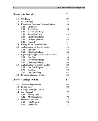x                                                     SSL & TLS Essentials: Securing the Web



Chapter 3: SSL Operation                                          37

    3.1   SSL Roles                                               37
    3.2   SSL Messages                                            38
    3.3   Establishing Encrypted Communications                   39
          3.3.1 ClientHello                                       41
          3.3.2 ServerHello                                       43
          3.3.3 ServerKeyExchange                                 45
          3.3.4 ServerHelloDone                                   45
          3.3.5 ClientKeyExchange                                 45
          3.3.6 ChangeCipherSpec                                  46
          3.3.7 Finished                                          51
    3.4   Ending Secure Communications                            52
    3.5   Authenticating the Server’s Identity                    52
          3.5.1 Certificate                                       55
          3.5.2 ClientKeyExchange                                 56
    3.6   Separating Encryption from Authentication               56
          3.6.1 Certificate                                       59
          3.6.2 ServerKeyExchange                                 59
          3.6.3 ClientKeyExchange                                 59
    3.7   Authenticating the Client’s Identity                    60
          3.7.1 CertificateRequest                                61
          3.7.2 Certificate                                       62
          3.7.3 CertificateVerify                                 63
    3.8   Resuming a Previous Session                             64

Chapter 4: Message Formats                                        67

    4.1   Transport Requirements                                  68
    4.2   Record Layer                                            69
    4.3   ChangeCipherSpec Protocol                               71
    4.4   Alert Protocol                                          72
          4.4.1 Severity Level                                    72
          4.4.2 Alert Description                                 73
    4.5   Handshake Protocol                                      74
          4.5.1 HelloRequest                                      76
          4.5.2 ClientHello                                       77
 