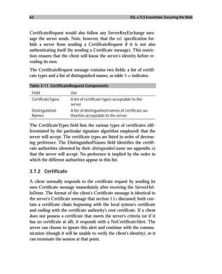 62                                                           SSL & TLS Essentials: Securing the Web



CertificateRequest would also follow any ServerKeyExchange mes-
sage the server sends. Note, however, that the ssl specification for-
bids a server from sending a CertificateRequest if it is not also
authenticating itself (by sending a Certificate message). This restric-
tion ensures that the client will know the server’s identity before re-
vealing its own.
The CertificateRequest message contains two fields: a list of certifi-
cate types and a list of distinguished names, as table 3-11 indicates.

Table 3-11 CertificateRequest Components
 Field                  Use
 CertificateTypes       A list of certificate types acceptable to the
                        server.
 Distinguished-         A list of distinguished names of certificate au-
 Names                  thorities acceptable to the server.

The CertificateTypes field lists the various types of certificates (dif-
ferentiated by the particular signature algorithm employed) that the
server will accept. The certificate types are listed in order of decreas-
ing preference. The DistinguishedNames field identifies the certifi-
cate authorities (denoted by their distinguished name; see appendix a)
that the server will accept. No preference is implied by the order in
which the different authorities appear in this list.

3.7.2 Certificate

A client normally responds to the certificate request by sending its
own Certificate message immediately after receiving the ServerHel-
loDone. The format of the client’s Certificate message is identical to
the server’s Certificate message that section 3.5.1 discussed; both con-
tain a certificate chain beginning with the local system’s certificate
and ending with the certificate authority’s root certificate. If a client
does not possess a certificate that meets the server’s criteria (or if it
has no certificate at all), it responds with a NoCertificateAlert. The
server can choose to ignore this alert and continue with the commu-
nication (though it will be unable to verify the client’s identity), or it
can terminate the session at that point.
 