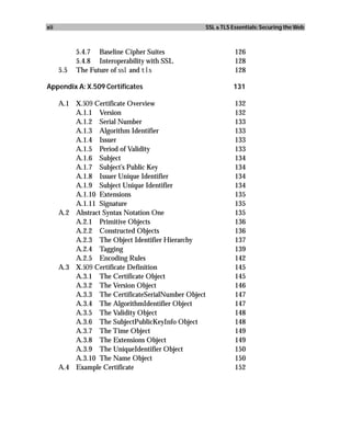 xii                                              SSL & TLS Essentials: Securing the Web



            5.4.7 Baseline Cipher Suites                    126
            5.4.8 Interoperability with SSL                 128
      5.5   The Future of ssl and tls                       128

Appendix A: X.509 Certificates                             131

      A.1 X.509 Certificate Overview                        132
          A.1.1 Version                                     132
          A.1.2 Serial Number                               133
          A.1.3 Algorithm Identifier                        133
          A.1.4 Issuer                                      133
          A.1.5 Period of Validity                          133
          A.1.6 Subject                                     134
          A.1.7 Subject’s Public Key                        134
          A.1.8 Issuer Unique Identifier                    134
          A.1.9 Subject Unique Identifier                   134
          A.1.10 Extensions                                 135
          A.1.11 Signature                                  135
      A.2 Abstract Syntax Notation One                      135
          A.2.1 Primitive Objects                           136
          A.2.2 Constructed Objects                         136
          A.2.3 The Object Identifier Hierarchy             137
          A.2.4 Tagging                                     139
          A.2.5 Encoding Rules                              142
      A.3 X.509 Certificate Definition                      145
          A.3.1 The Certificate Object                      145
          A.3.2 The Version Object                          146
          A.3.3 The CertificateSerialNumber Object          147
          A.3.4 The AlgorithmIdentifier Object              147
          A.3.5 The Validity Object                         148
          A.3.6 The SubjectPublicKeyInfo Object             148
          A.3.7 The Time Object                             149
          A.3.8 The Extensions Object                       149
          A.3.9 The UniqueIdentifier Object                 150
          A.3.10 The Name Object                            150
      A.4 Example Certificate                               152
 