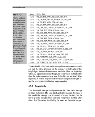 Message Formats                                                                           79



SSL vs. TLS            Value   Cipher Suite
                       0,13    SSL_DH_DSS_WITH_3DES_EDE_CBC_SHA
The TLS protocol,
by default, does       0,14    SSL_DH_RSA_EXPORT_WITH_DES40_CBC_SHA
not include sup-       0,15    SSL_DH_RSA_WITH_DES_CBC_SHA
port for the For-      0,16    SSL_DH_RSA_WITH_3DES_EDE_CBC_SHA
tezza/DMS cipher
                       0,17    SSL_DHE_DSS_EXPORT_WITH_DES40_CBC_SHA
suites, the last 3
listed in the ta-      0,18    SSL_DHE_DSS_WITH_DES_CBC_SHA
ble. In addition,      0,19    SSL_DHE_DSS_WITH_3DES_EDE_CBC_SHA
the TLS stan-          0,20    SSL_DHE_RSA_EXPORT_WITH_DES40_CBC_SHA
dardization
                       0,21    SSL_DHE_RSA_WITH_DES_CBC_SHA
process makes it
much easier to         0,22    SSL_DHE_RSA_WITH_3DES_EDE_CBC_SHA
define new ci-         0,23    SSL_DH_anon_EXPORT_WITH_RC4_40_MD5
pher suites. As of     0,24    SSL_DH_anon_WITH_RC4_128_MD5
this writing, doz-
                       0,25    SSL_DH_anon_EXPORT_WITH_DES40_CBC_SHA
ens have been
proposed. In a         0,26    SSL_DH_anon_WITH_DES_CBC_SHA
similar manner,        0,27    SSL_DH_anon_WITH_3DES_EDE_CBC_SHA
TLS makes it eas-      0,28    SSL_FORTEZZA_DMS_WITH_NULL_SHA
ier to define          0,29    SSL_FORTEZZA_DMS_WITH_FORTEZZA_CBC_SHA
compression
methods.               0,30    SSL_FORTEZZA_DMS_WITH_RC4_128_SHA

                     The final fields of a ClientHello message list the compression meth-
                     ods that the client proposes for the session. The list begins with a
                     length byte; individual compression methods follow as single-byte
                     values. As a practical matter, though, no compression methods other
                     than the null compression have been defined for ssl version 3. Con-
                     sequently, all current implementations set the compression length to 1
                     and the next byte to 0, indicating no compression.

                     4.5.3 ServerHello

                     The ServerHello message closely resembles the ClientHello message,
                     as figure 4-13 shows. The only significant differences are the value of
                     the handshake message type (2 instead of 1) and the fact that the
                     server specifies a single cipher suite and compression method rather
                     than a list. The values identified by the server are those that the par-
 