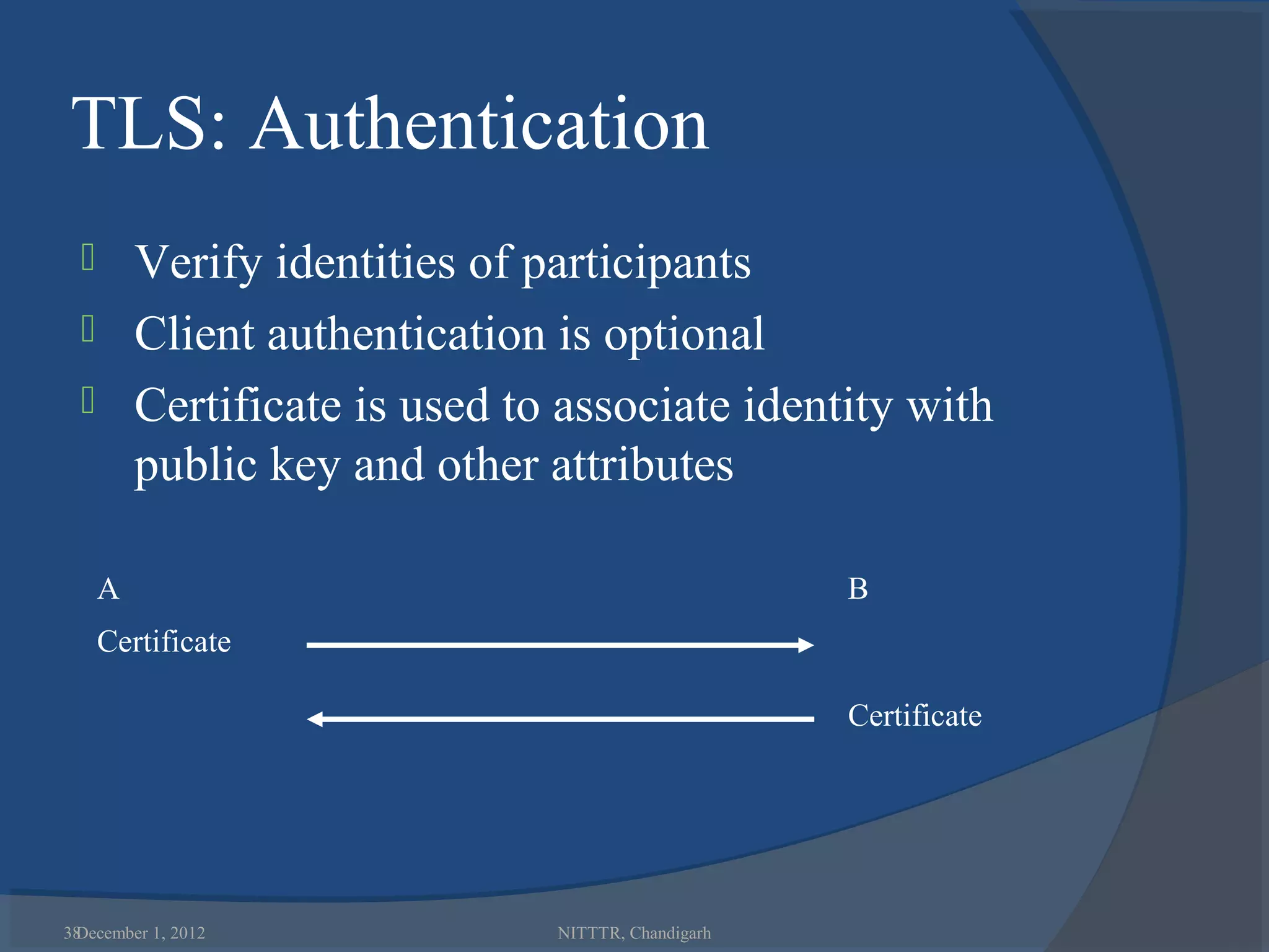 TLS: Authentication
         Verify identities of participants
         Client authentication is optional
         Certificate is used to associate identity with
          public key and other attributes

      A                                              B
      Certificate

                                                     Certificate




38
 December 1, 2012               NITTTR, Chandigarh
 