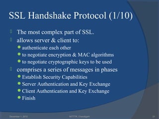 SSL Handshake Protocol (1/10)
     The most complex part of SSL.
     allows server & client to:
      authenticate each other
      to negotiate encryption & MAC algorithms
      to negotiate cryptographic keys to be used
     comprises a series of messages in phases
      Establish Security Capabilities
      Server Authentication and Key Exchange
      Client Authentication and Key Exchange
      Finish


December 1, 2012             NITTTR, Chandigarh     21
 
