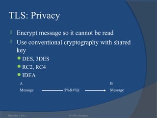 TLS: Privacy
   Encrypt message so it cannot be read
   Use conventional cryptography with shared
    key
        DES, 3DES
        RC2, RC4
        IDEA
           A                                B
           Message   $%&#!@                 Message




34
 December 1, 2012      NITTTR, Chandigarh
 