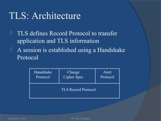 TLS: Architecture
       TLS defines Record Protocol to transfer
        application and TLS information
       A session is established using a Handshake
        Protocol

                    Handshake      Change                  Alert
                     Protocol    Cipher Spec              Protocol


                                TLS Record Protocol




39
 December 1, 2012                    NITTTR, Chandigarh
 