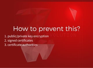 How to prevent this?How to prevent this?
1. public/private key encryption
2. signed certificates
3. certificate authorities
 