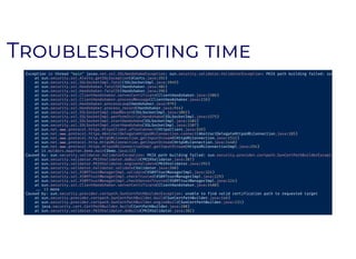 TT
Exception in thread "main" javax.net.ssl.SSLHandshakeException: sun.security.validator.ValidatorException: PKIX path building failed: sun
at sun.security.ssl.Alerts.getSSLException(Alerts.java:192)
at sun.security.ssl.SSLSocketImpl.fatal(SSLSocketImpl.java:1949)
at sun.security.ssl.Handshaker.fatalSE(Handshaker.java:302)
at sun.security.ssl.Handshaker.fatalSE(Handshaker.java:296)
at sun.security.ssl.ClientHandshaker.serverCertificate(ClientHandshaker.java:1506)
at sun.security.ssl.ClientHandshaker.processMessage(ClientHandshaker.java:216)
at sun.security.ssl.Handshaker.processLoop(Handshaker.java:979)
at sun.security.ssl.Handshaker.process_record(Handshaker.java:914)
at sun.security.ssl.SSLSocketImpl.readRecord(SSLSocketImpl.java:1062)
at sun.security.ssl.SSLSocketImpl.performInitialHandshake(SSLSocketImpl.java:1375)
at sun.security.ssl.SSLSocketImpl.startHandshake(SSLSocketImpl.java:1403)
at sun.security.ssl.SSLSocketImpl.startHandshake(SSLSocketImpl.java:1387)
at sun.net. .protocol.https.HttpsClient.afterConnect(HttpsClient.java:559)
at sun.net. .protocol.https.AbstractDelegateHttpsURLConnection.connect(AbstractDelegateHttpsURLConnection.java:185)
at sun.net. .protocol.http.HttpURLConnection.getInputStream0(HttpURLConnection.java:1512)
at sun.net. .protocol.http.HttpURLConnection.getInputStream(HttpURLConnection.java:1440)
at sun.net. .protocol.https.HttpsURLConnectionImpl.getInputStream(HttpsURLConnectionImpl.java:254)
at it.mulders.maarten.Demo.main(Demo.java:13)
Caused by: sun.security.validator.ValidatorException: PKIX path building failed: sun.security.provider.certpath.SunCertPathBuilderExcepti
at sun.security.validator.PKIXValidator.doBuild(PKIXValidator.java:387)
at sun.security.validator.PKIXValidator.engineValidate(PKIXValidator.java:292)
at sun.security.validator.Validator.validate(Validator.java:260)
at sun.security.ssl.X509TrustManagerImpl.validate(X509TrustManagerImpl.java:324)
at sun.security.ssl.X509TrustManagerImpl.checkTrusted(X509TrustManagerImpl.java:229)
at sun.security.ssl.X509TrustManagerImpl.checkServerTrusted(X509TrustManagerImpl.java:124)
at sun.security.ssl.ClientHandshaker.serverCertificate(ClientHandshaker.java:1488)
13 more
Caused by: sun.security.provider.certpath.SunCertPathBuilderException: unable to find valid certification path to requested target
at sun.security.provider.certpath.SunCertPathBuilder.build(SunCertPathBuilder.java:146)
at sun.security.provider.certpath.SunCertPathBuilder.engineBuild(SunCertPathBuilder.java:131)
at java.security.cert.CertPathBuilder.build(CertPathBuilder.java:280)
at sun.security.validator.PKIXValidator.doBuild(PKIXValidator.java:382)
 