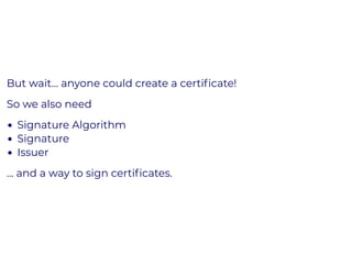But wait... anyone could create a certiﬁcate!
So we also need
Signature Algorithm
Signature
Issuer
... and a way to sign certiﬁcates.
 
