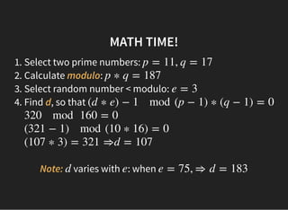 MATH TIME!MATH TIME!
1. Select two prime numbers:
2. Calculate modulo:
3. Select random number < modulo:
4. Find d, so that
p = 11, q = 17
p ∗ q = 187
e = 3
(d ∗ e) − 1 mod (p − 1) ∗ (q − 1) = 0
320 mod 160 = 0
(321 − 1) mod (10 ∗ 16) = 0
(107 ∗ 3) = 321 ⇒d = 107
Note: varies with : whend e e = 75, ⇒ d = 183
 