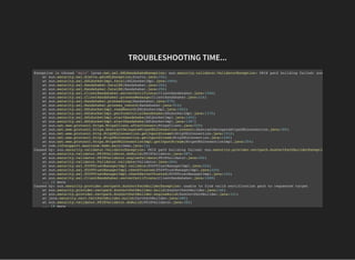 TROUBLESHOOTING TIME...TROUBLESHOOTING TIME...
Exception in thread "main" javax.net.ssl.SSLHandshakeException: sun.security.validator.ValidatorException: PKIX path building failed: sun
at sun.security.ssl.Alerts.getSSLException(Alerts.java:192)
at sun.security.ssl.SSLSocketImpl.fatal(SSLSocketImpl.java:1949)
at sun.security.ssl.Handshaker.fatalSE(Handshaker.java:302)
at sun.security.ssl.Handshaker.fatalSE(Handshaker.java:296)
at sun.security.ssl.ClientHandshaker.serverCertificate(ClientHandshaker.java:1506)
at sun.security.ssl.ClientHandshaker.processMessage(ClientHandshaker.java:216)
at sun.security.ssl.Handshaker.processLoop(Handshaker.java:979)
at sun.security.ssl.Handshaker.process_record(Handshaker.java:914)
at sun.security.ssl.SSLSocketImpl.readRecord(SSLSocketImpl.java:1062)
at sun.security.ssl.SSLSocketImpl.performInitialHandshake(SSLSocketImpl.java:1375)
at sun.security.ssl.SSLSocketImpl.startHandshake(SSLSocketImpl.java:1403)
at sun.security.ssl.SSLSocketImpl.startHandshake(SSLSocketImpl.java:1387)
at sun.net.www.protocol.https.HttpsClient.afterConnect(HttpsClient.java:559)
at sun.net.www.protocol.https.AbstractDelegateHttpsURLConnection.connect(AbstractDelegateHttpsURLConnection.java:185)
at sun.net.www.protocol.http.HttpURLConnection.getInputStream0(HttpURLConnection.java:1512)
at sun.net.www.protocol.http.HttpURLConnection.getInputStream(HttpURLConnection.java:1440)
at sun.net.www.protocol.https.HttpsURLConnectionImpl.getInputStream(HttpsURLConnectionImpl.java:254)
at com.infosupport.maartenm.Demo.main(Demo.java:13)
Caused by: sun.security.validator.ValidatorException: PKIX path building failed: sun.security.provider.certpath.SunCertPathBuilderExcepti
at sun.security.validator.PKIXValidator.doBuild(PKIXValidator.java:387)
at sun.security.validator.PKIXValidator.engineValidate(PKIXValidator.java:292)
at sun.security.validator.Validator.validate(Validator.java:260)
at sun.security.ssl.X509TrustManagerImpl.validate(X509TrustManagerImpl.java:324)
at sun.security.ssl.X509TrustManagerImpl.checkTrusted(X509TrustManagerImpl.java:229)
at sun.security.ssl.X509TrustManagerImpl.checkServerTrusted(X509TrustManagerImpl.java:124)
at sun.security.ssl.ClientHandshaker.serverCertificate(ClientHandshaker.java:1488)
... 13 more
Caused by: sun.security.provider.certpath.SunCertPathBuilderException: unable to find valid certification path to requested target
at sun.security.provider.certpath.SunCertPathBuilder.build(SunCertPathBuilder.java:146)
at sun.security.provider.certpath.SunCertPathBuilder.engineBuild(SunCertPathBuilder.java:131)
at java.security.cert.CertPathBuilder.build(CertPathBuilder.java:280)
at sun.security.validator.PKIXValidator.doBuild(PKIXValidator.java:382)
... 19 more
 