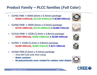 Product Family – PLCC families (Full Color)

•   CLP6C-FKB                     6050 (6mm x 5.5mm) package
      – R(560-1120mcd), G(1120-2240mcd) & B(280-560mcd)


•   CLP6S-FKW                     6050 (6mm x 5.5mm) package
      – R(710-1800mcd), G(710-1800mcd) & B(280-710mcd)


•   CLV1A-FKW                     3228 (3.2mm x 2.8mm) package
      – R(355-900mcd), G(560-1400mcd) & B(180-450mcd)


•   CLPPA             3228 (3.2mm x 2.8mm) package
      – R(180-450mcd), G(280-710mcd) & B(71-180mcd)


•   CLV6A-FKB (5.5mm x 5.5mm) package
      – First SMT LED with IPx5 rating
      – Water resistant
      – No polycarbonate cover needed for outdoor color display



    Copyright © 2009 Cree, Inc.                         pg. 63
 