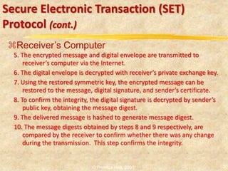 5. The encrypted message and digital envelope are transmitted to
receiver’s computer via the Internet.
6. The digital envelope is decrypted with receiver’s private exchange key.
7. Using the restored symmetric key, the encrypted message can be
restored to the message, digital signature, and sender’s certificate.
8. To confirm the integrity, the digital signature is decrypted by sender’s
public key, obtaining the message digest.
9. The delivered message is hashed to generate message digest.
10. The message digests obtained by steps 8 and 9 respectively, are
compared by the receiver to confirm whether there was any change
during the transmission. This step confirms the integrity.
Receiver’s Computer
Secure Electronic Transaction (SET)
Protocol (cont.)
30© Prentice Hall, 2000
 