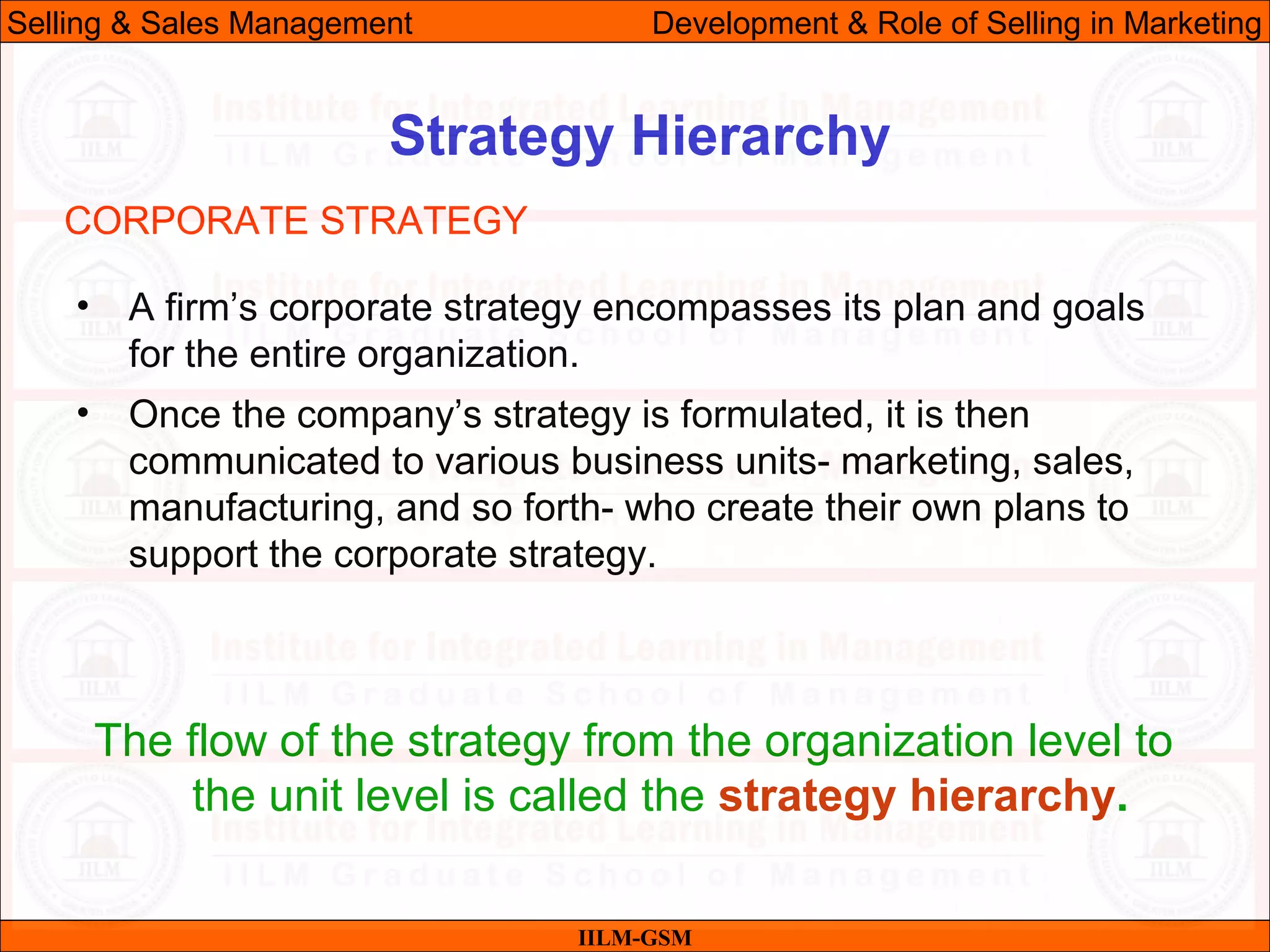 07/06/10 12
Strategy Hierarchy
IILM-GSM
Selling & Sales Management Development & Role of Selling in Marketing
• A firm’s corporate strategy encompasses its plan and goals
for the entire organization.
• Once the company’s strategy is formulated, it is then
communicated to various business units- marketing, sales,
manufacturing, and so forth- who create their own plans to
support the corporate strategy.
The flow of the strategy from the organization level to
the unit level is called the strategy hierarchy.
CORPORATE STRATEGY
 