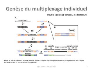 Genèse du multiplexage individuel
SSM-NTS#5 v1.0 31/05/2013 4
Meyer M, Stenzel U, Myles S, Prüfer K, Hofreiter M (2007) Targeted high-throughput sequencing of tagged nucleic acid samples.
Nucleic Acids Res 35: e97 doi:10.1093/nar/gkm566.
Double ligation (1-barcode, 2-adaptateur)
 