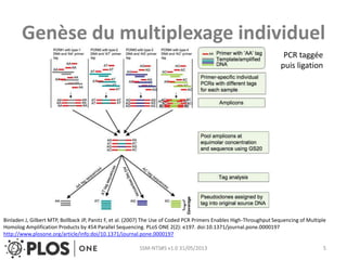Genèse du multiplexage individuel
SSM-NTS#5 v1.0 31/05/2013 5
PCR taggée
puis ligation
SSM-NTS#5 v1.0 31/05/2013 5
Binladen J, Gilbert MTP, Bollback JP, Panitz F, et al. (2007) The Use of Coded PCR Primers Enables High-Throughput Sequencing of Multiple
Homolog Amplification Products by 454 Parallel Sequencing. PLoS ONE 2(2): e197. doi:10.1371/journal.pone.0000197
http://www.plosone.org/article/info:doi/10.1371/journal.pone.0000197
 