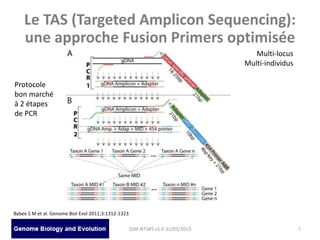 SSM-NTS#5 v1.0 31/05/2013 7
Bybee S M et al. Genome Biol Evol 2011;3:1312-1323
Le TAS (Targeted Amplicon Sequencing):
une approche Fusion Primers optimisée
Multi-locus
Multi-individus
Protocole
bon marché
à 2 étapes
de PCR
 