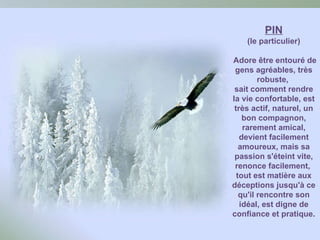 PIN (le particulier)  Adore être entouré de gens agréables, très robuste,  sait comment rendre la vie confortable, est très actif, naturel, un bon compagnon, rarement amical,  devient facilement amoureux, mais sa passion s'éteint vite, renonce facilement,  tout est matière aux déceptions jusqu'à ce qu'il rencontre son idéal, est digne de confiance et pratique. 