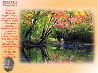 BOULEAU   (l'inspiration) Enjoué, séduisant, élégant, amical,  sans prétention, modeste, n'aime pas les excès, a en horreur la vulgarité, aime la vie dans la nature et le calme, n'est pas très passionné, regorge d'imagination,  a peu d'ambition, créé une atmosphère calme et satisfaisante. 