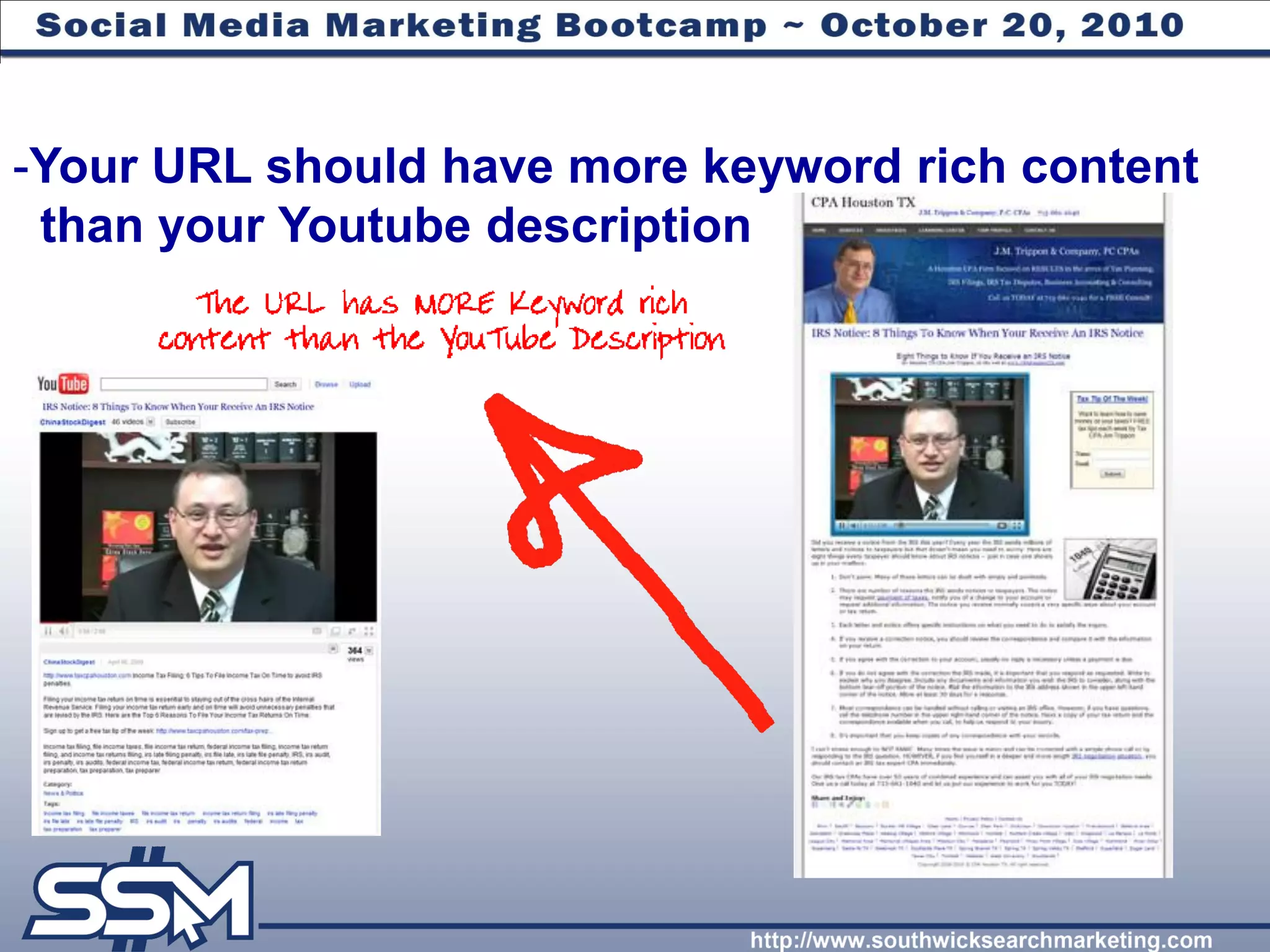 -Your URL should have more keyword rich content
 than your Youtube description
 