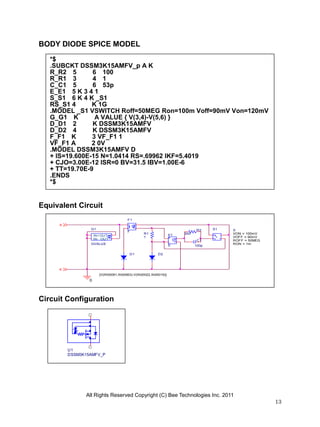 All Rights Reserved Copyright (C) Bee Technologies Inc. 2011
13
U1
DSSM3K15AMFV_P
C1
100p
K
D1
R1
1
F1
F
G1
{V(N00091,N00063)-V(N00022,N00019)}
GVALUE
OUT+
OUT-
IN+
IN-
D2
R2
300
-
+
+
-
E1
E
+
-
+
-
S1 S
VON = 100mV
VOFF = 90mV
ROFF = 50MEG
RON = 1m
0
A
BODY DIODE SPICE MODEL
Equivalent Circuit
Circuit Configuration
*$
.SUBCKT DSSM3K15AMFV_p A K
R_R2 5 6 100
R_R1 3 4 1
C_C1 5 6 53p
E_E1 5 K 3 4 1
S_S1 6 K 4 K _S1
RS_S1 4 K 1G
.MODEL _S1 VSWITCH Roff=50MEG Ron=100m Voff=90mV Von=120mV
G_G1 K A VALUE { V(3,4)-V(5,6) }
D_D1 2 K DSSM3K15AMFV
D_D2 4 K DSSM3K15AMFV
F_F1 K 3 VF_F1 1
VF_F1 A 2 0V
.MODEL DSSM3K15AMFV D
+ IS=19.600E-15 N=1.0414 RS=.69962 IKF=5.4019
+ CJO=3.00E-12 ISR=0 BV=31.5 IBV=1.00E-6
+ TT=19.70E-9
.ENDS
*$
 
