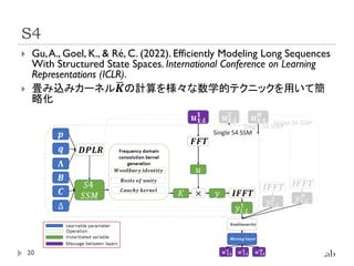 S4
20
 Gu,A., Goel, K., & Ré, C. (2022). Efficiently Modeling Long Sequences
With Structured State Spaces. International Conference on Learning
Representations (ICLR).
 畳み込みカーネルഥ
𝑲の計算を様々な数学的テクニックを用いて簡
略化
 