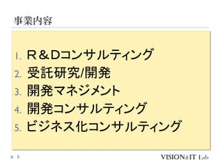 事業内容
1. Ｒ＆Ｄコンサルティング
2. 受託研究/開発
3. 開発マネジメント
4. 開発コンサルティング
5. ビジネス化コンサルティング
3
 