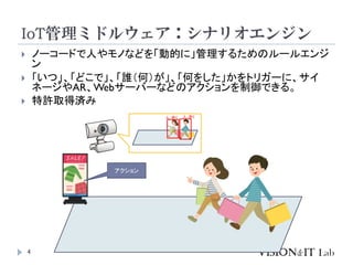 IoT管理ミドルウェア：シナリオエンジン
4
 ノーコードで人やモノなどを「動的に」管理するためのルールエンジ
ン
 「いつ」、「どこで」、「誰（何）が」、「何をした」かをトリガーに、サイ
ネージやAR、Webサーバーなどのアクションを制御できる。
 特許取得済み
アクション
人：歩く 人：歩く
 