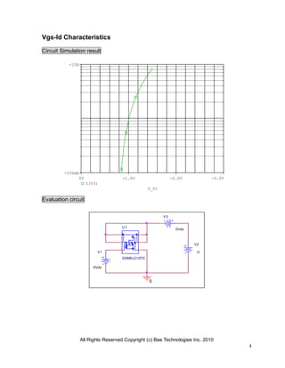 All Rights Reserved Copyright (c) Bee Technologies Inc. 2010
4
V1
0Vdc
V2
-3
0
V3
0Vdc
U1
SSM6J212FE
V_V1
0V -1.0V -2.0V -3.0V
I(V3)
-100mA
-10A
Vgs-Id Characteristics
Circuit Simulation result
Evaluation circuit
 