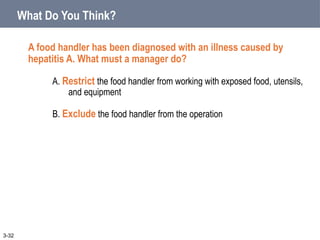 What Do You Think?
A food handler has been diagnosed with an illness caused by
hepatitis A. What must a manager do?
A. Restrict the food handler from working with exposed food, utensils,
and equipment
B. Exclude the food handler from the operation
3-32
 