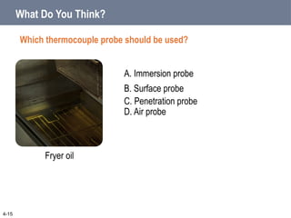 A. Immersion probe
B. Surface probe
4-15
C. Penetration probe
D. Air probe
Fryer oil
What Do You Think?
Which thermocouple probe should be used?
 