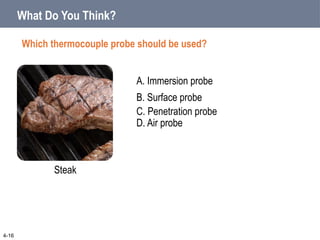 A. Immersion probe
B. Surface probe
4-16
C. Penetration probe
D. Air probe
Steak
What Do You Think?
Which thermocouple probe should be used?
 